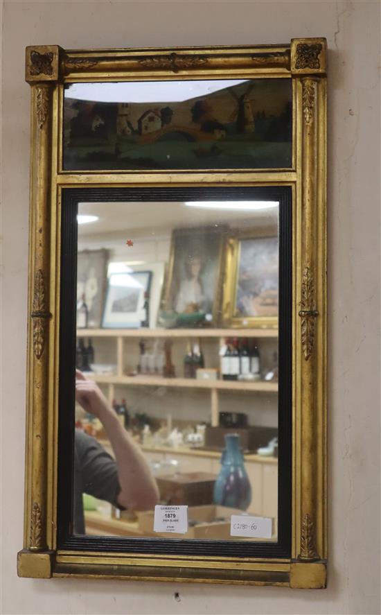 A small Regency gilt frame pier glass, with reverse painted frieze of a windmill in landscape H.67cm